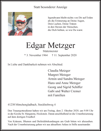 Traueranzeige von Edgar Metzger von trauer.extra-tipp-moenchengladbach.de