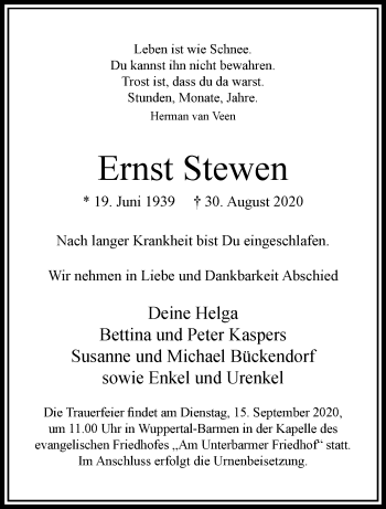 Traueranzeige von Ernst Stewen von trauer.wuppertaler-rundschau.de