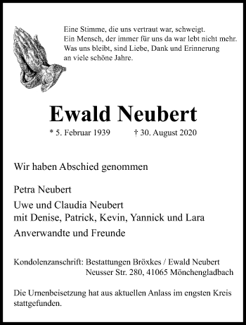 Traueranzeige von Ewald Neubert von trauer.extra-tipp-moenchengladbach.de