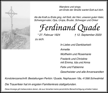Traueranzeige von Ferdinand Quade von trauer.extra-tipp-moenchengladbach.de
