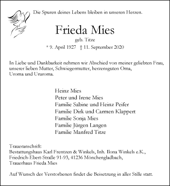 Traueranzeige von Frieda Mies von trauer.extra-tipp-moenchengladbach.de