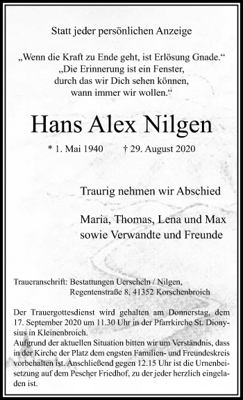 Traueranzeige von Hans Alex Nilgen von trauer.extra-tipp-moenchengladbach.de