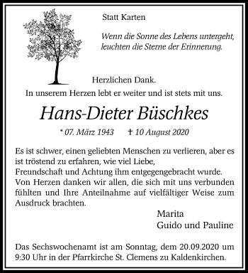 Traueranzeige von Hans Dieter Büschkes von trauer.extra-tipp-moenchengladbach.de