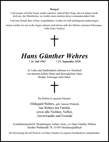 Traueranzeige von Hans Günther Wehres von trauer.extra-tipp-moenchengladbach.de