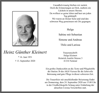 Traueranzeige von Heinz Günther Kleinert von trauer.extra-tipp-moenchengladbach.de