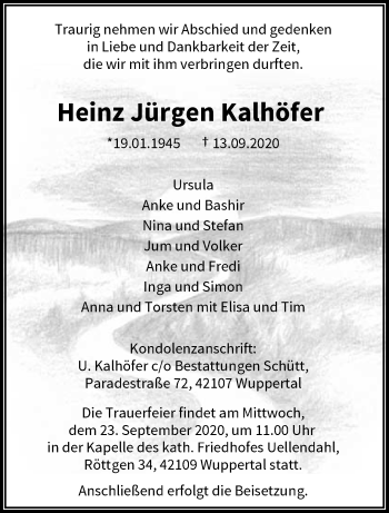 Traueranzeige von Heinz Jürgen Kalhöfer von trauer.wuppertaler-rundschau.de