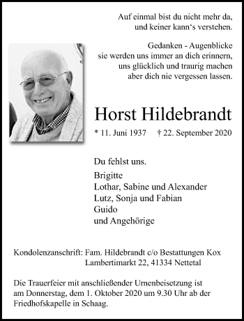 Traueranzeige von Horst Hildebrandt von trauer.extra-tipp-moenchengladbach.de