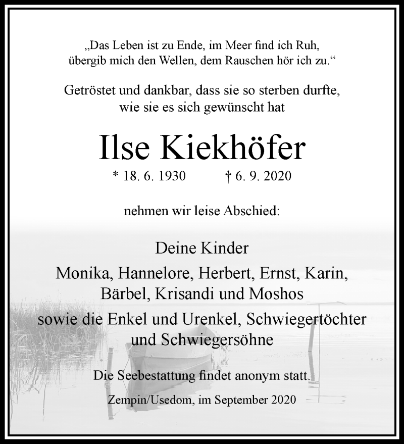  Traueranzeige für Ilse Kiekhöfer vom 12.09.2020 aus trauer.wuppertaler-rundschau.de