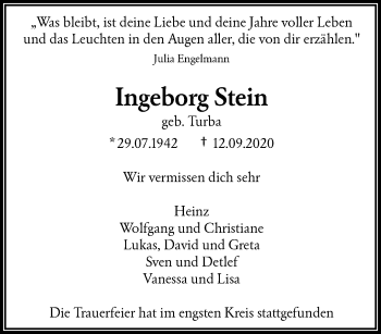 Traueranzeige von Ingeborg Stein von trauer.wuppertaler-rundschau.de