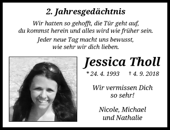 Traueranzeige von Jessica Tholl von trauer.wuppertaler-rundschau.de