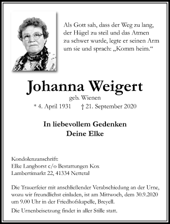 Traueranzeigen von Johanna Weigert | Trauer und Gedenken