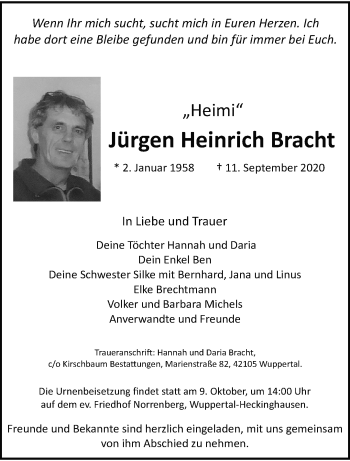 Traueranzeige von Jürgen Heinrich Bracht von trauer.wuppertaler-rundschau.de