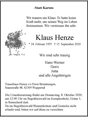 Traueranzeige von Klaus Henze von trauer.wuppertaler-rundschau.de