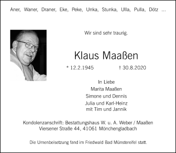 Traueranzeige von Klaus Maaßen von trauer.extra-tipp-moenchengladbach.de