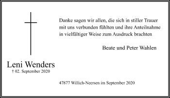 Traueranzeige von Leni Wenders von trauer.extra-tipp-moenchengladbach.de