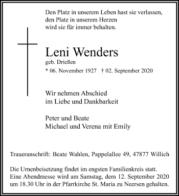 Traueranzeige von Leni Wenders von trauer.extra-tipp-moenchengladbach.de