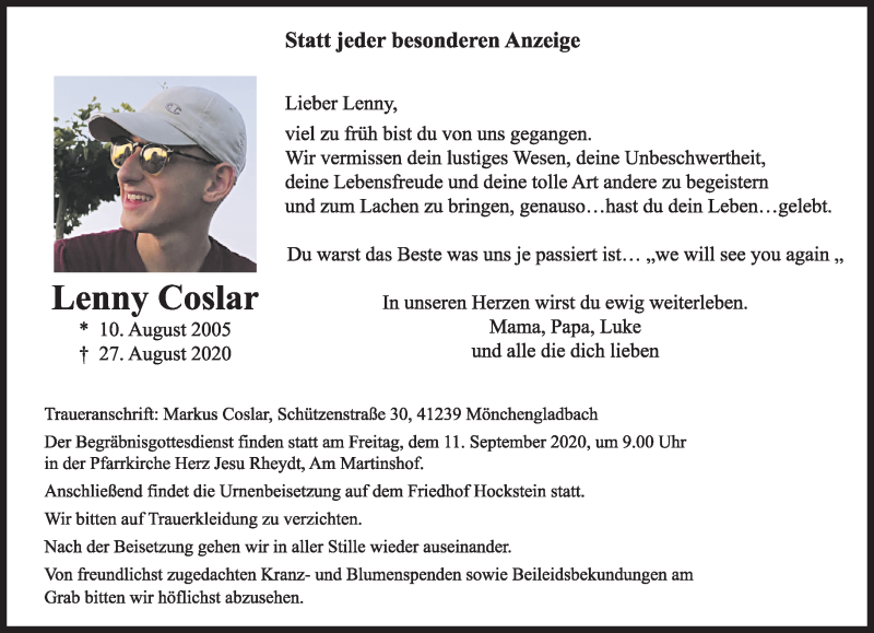  Traueranzeige für Lenny Coslar vom 06.09.2020 aus trauer.extra-tipp-moenchengladbach.de