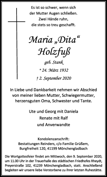 Traueranzeige von Maria Holzfuß von trauer.extra-tipp-moenchengladbach.de