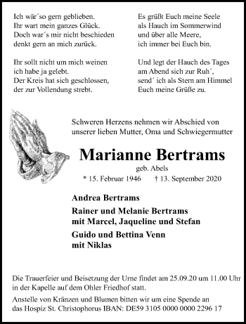 Traueranzeige von Marianne Bertrams von trauer.extra-tipp-moenchengladbach.de