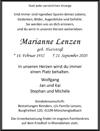 Traueranzeige von Marianne Lenzen von trauer.extra-tipp-moenchengladbach.de