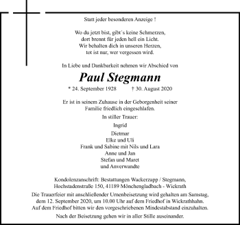 Traueranzeige von Paul Stegmann von trauer.extra-tipp-moenchengladbach.de