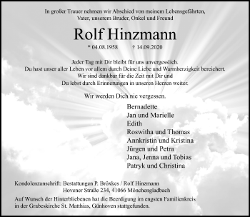 Traueranzeige von Rolf Hinzmann von trauer.extra-tipp-moenchengladbach.de