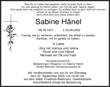 Traueranzeige von Sabine Hänel von trauer.wuppertaler-rundschau.de