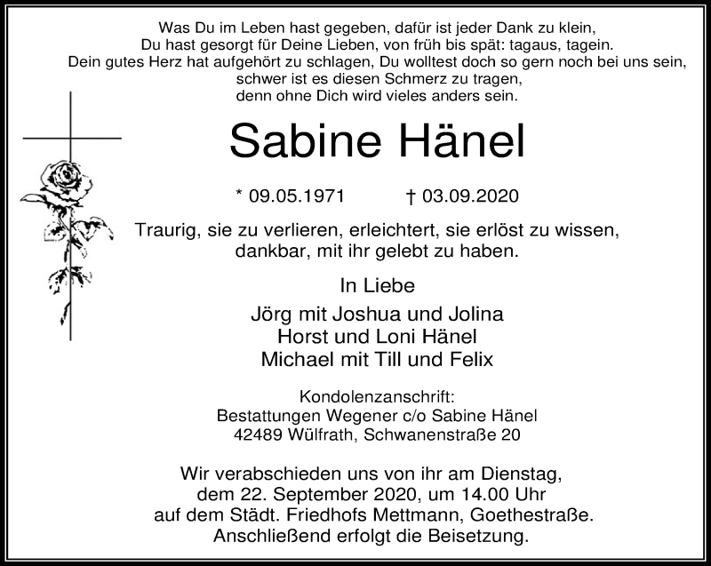  Traueranzeige für Sabine Hänel vom 12.09.2020 aus trauer.wuppertaler-rundschau.de