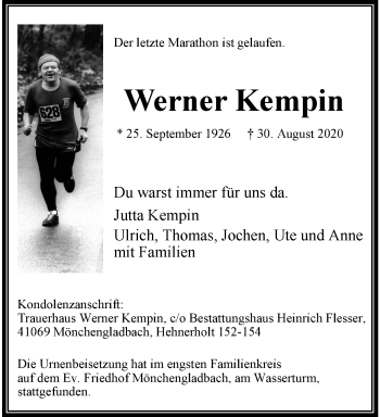 Traueranzeige von Werner Kempin von trauer.extra-tipp-moenchengladbach.de