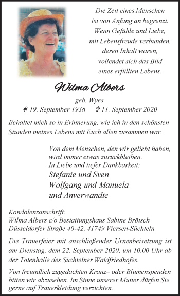 Traueranzeige von Wilma Albers von trauer.extra-tipp-moenchengladbach.de