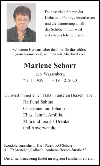 Traueranzeige von Marlene Schorr 