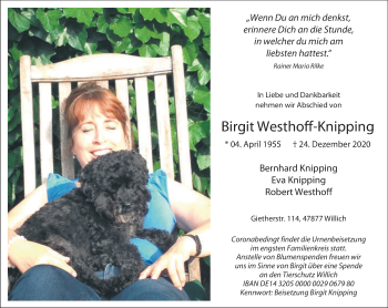 Traueranzeige von Birgit Westhoff-Knipping 