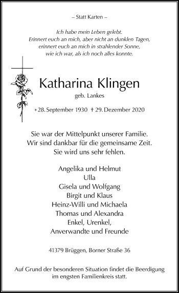 Traueranzeige von Katharina Klingen 