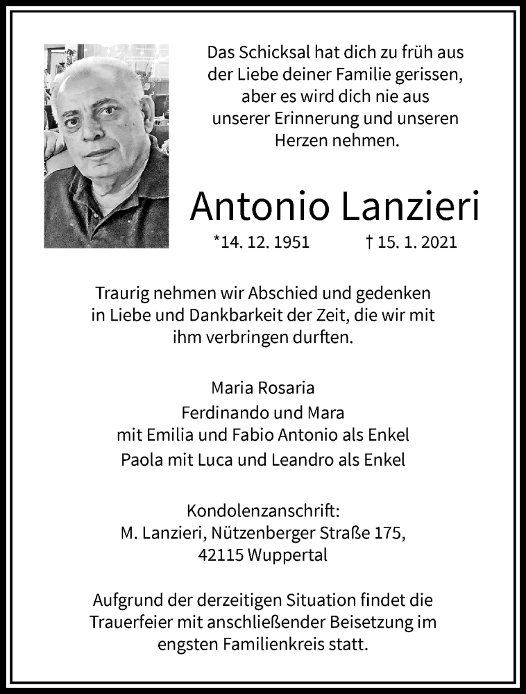  Traueranzeige für Antonio Lanzieri vom 23.01.2021 aus trauer.wuppertaler-rundschau.de