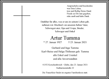 Traueranzeige von Artur Tumma von trauer.extra-tipp-moenchengladbach.de