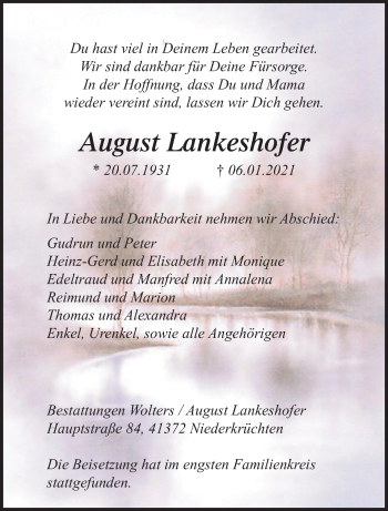 Traueranzeige von August Lankeshofer von trauer.extra-tipp-moenchengladbach.de