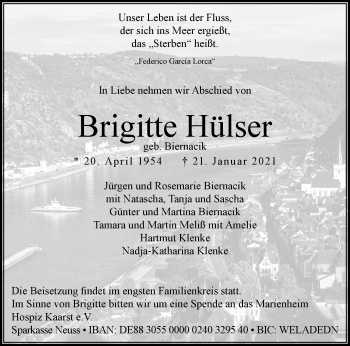 Traueranzeige von Brigitte Hülser von trauer.extra-tipp-moenchengladbach.de