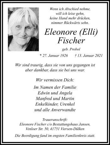 Traueranzeige von Eleonore Fischer von trauer.extra-tipp-moenchengladbach.de