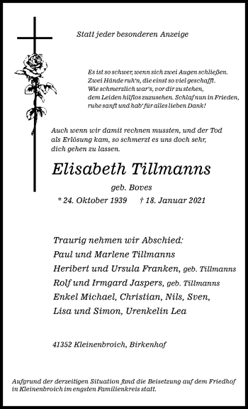 Traueranzeige von Elisabeth Tillmanns von trauer.extra-tipp-moenchengladbach.de