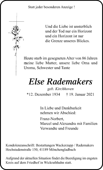 Traueranzeige von Else Rademakers von trauer.extra-tipp-moenchengladbach.de