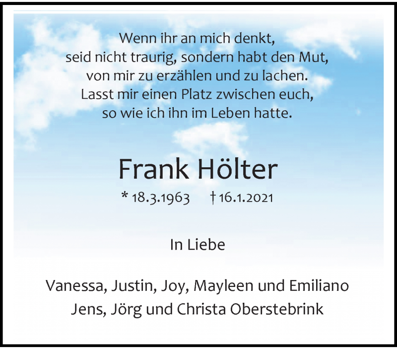  Traueranzeige für Frank Hölter vom 23.01.2021 aus trauer.wuppertaler-rundschau.de