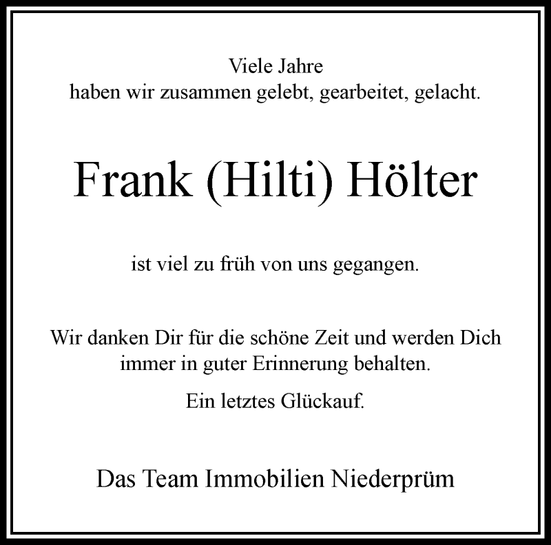  Traueranzeige für Frank Hölter vom 23.01.2021 aus trauer.wuppertaler-rundschau.de