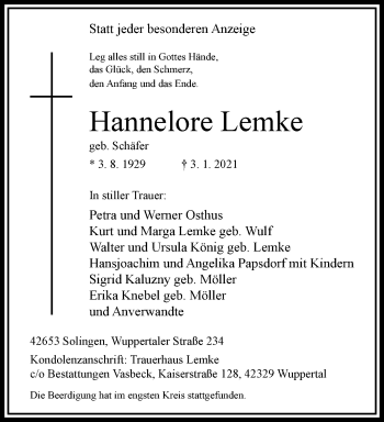 Traueranzeige von Hannelore Lemke von trauer.wuppertaler-rundschau.de