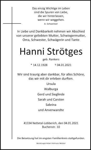 Traueranzeige von Hanni Strötges von trauer.extra-tipp-moenchengladbach.de