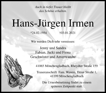Traueranzeige von Hans-Jürgen Irmen von trauer.extra-tipp-moenchengladbach.de