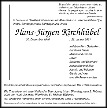 Traueranzeige von Hans-Jürgen Kirchhübel von trauer.extra-tipp-moenchengladbach.de