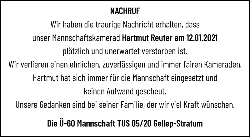  Traueranzeige für Hartmut Reuter vom 24.01.2021 aus trauer.mein.krefeld.de