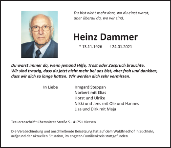 Traueranzeige von Heinz Dammer von trauer.extra-tipp-moenchengladbach.de