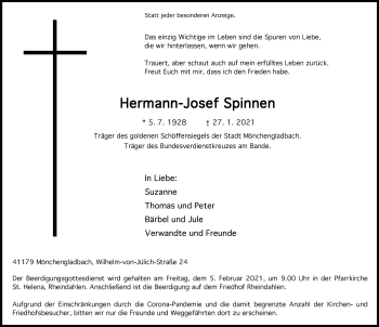 Traueranzeige von Hermann-Josef Spinnen von trauer.extra-tipp-moenchengladbach.de