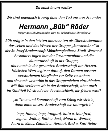 Traueranzeige von Hermann Röder von trauer.extra-tipp-moenchengladbach.de